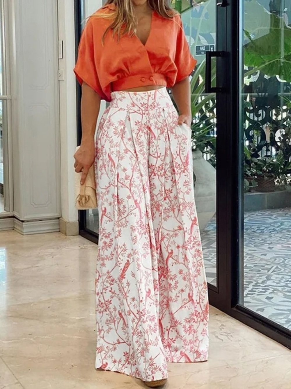 White & Coral Botanical Print Wide Leg Pants
